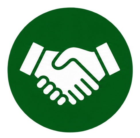 Green circle with two hands shaking in the center, symbolizing a handshake
