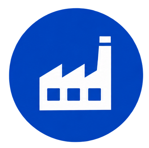 Blue circle with a white factory icon in the center, set against a white background