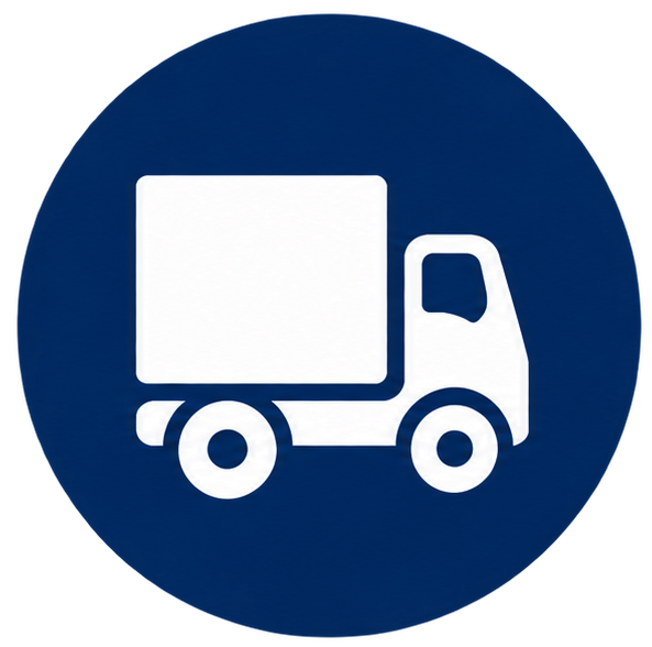 Blue and white sign with a truck icon in the center, set against a white background