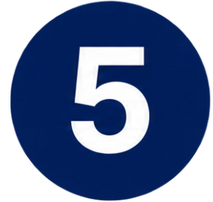 Blue circle with the number five in the center, set against a white background