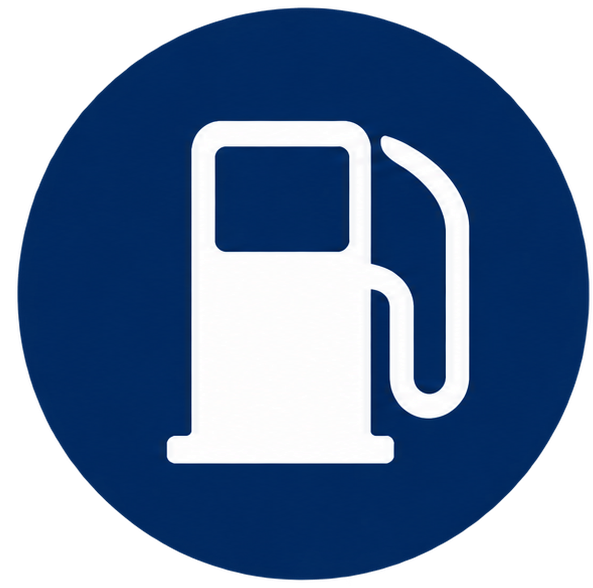 Blue and white sign with a gas pump in the center, indicating that it is a fuel station