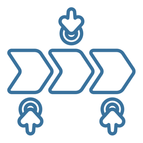 Blue icon of three arrows pointing in different directions, representing the process of creating a new product