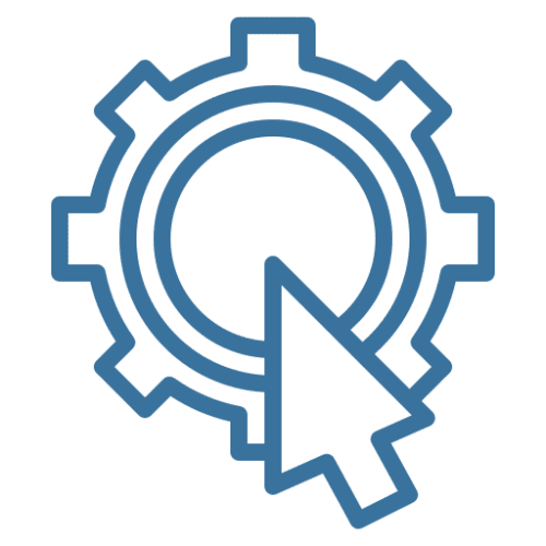 Blue gearwheel with an arrow pointing to the right, set against a white background