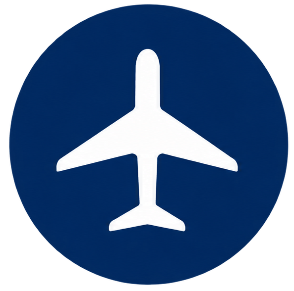 Blue circle with a white airplane icon in the center, set against a white background